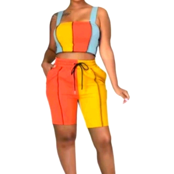 Orange/Gold/Blue-Color Block Short Set - Picture 2 of 4